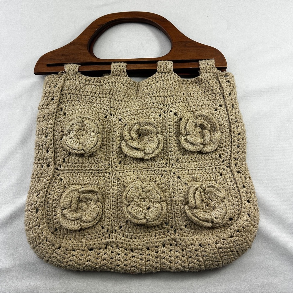 Handmade Knit Crochet Shoulder Bag Wood Floral Cottagecore Sequoia Line Tan Hobo - Picture 5 of 7